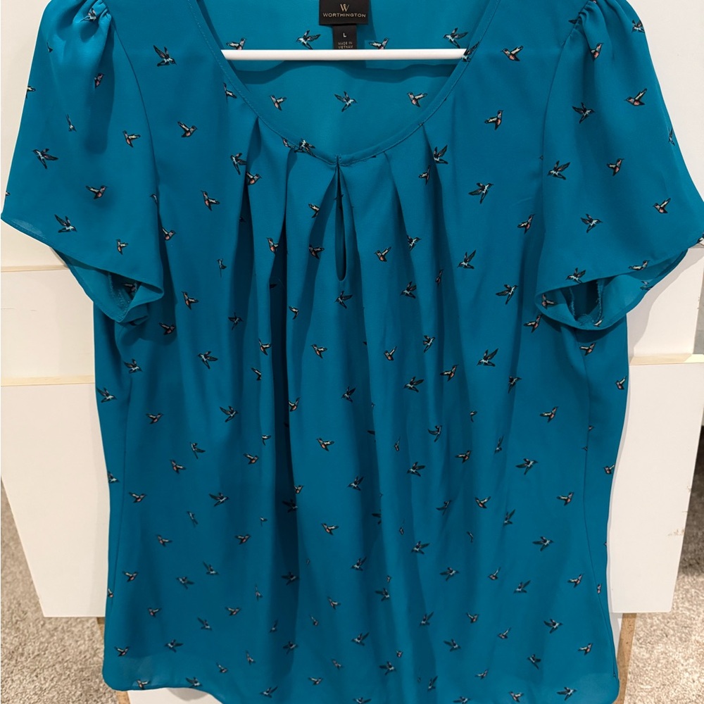 Worthington Teal Bird Print Blouse